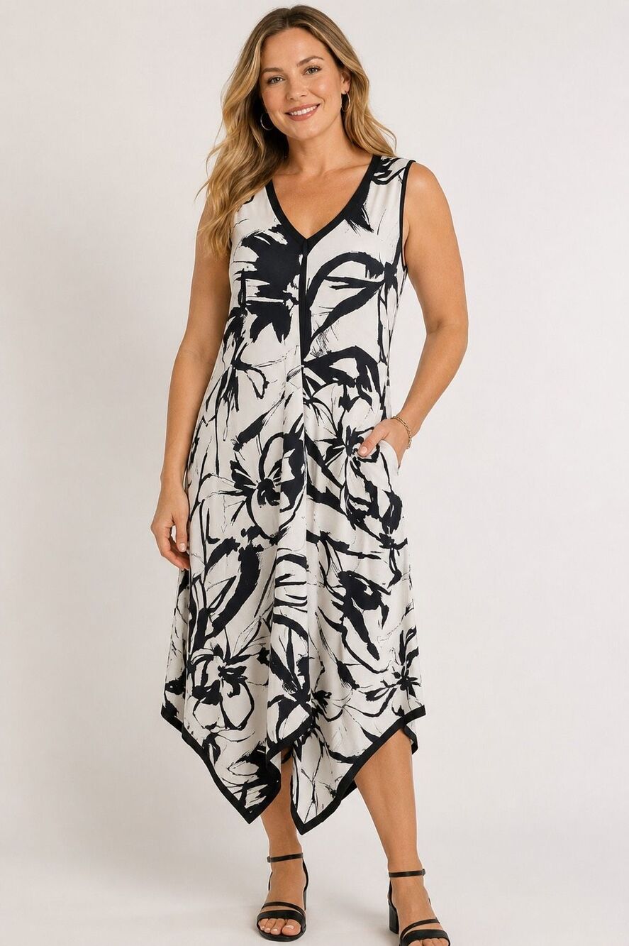 Baroque Boutique Black White Floral Boho Lagenlook Handkerchief Dress Size Large